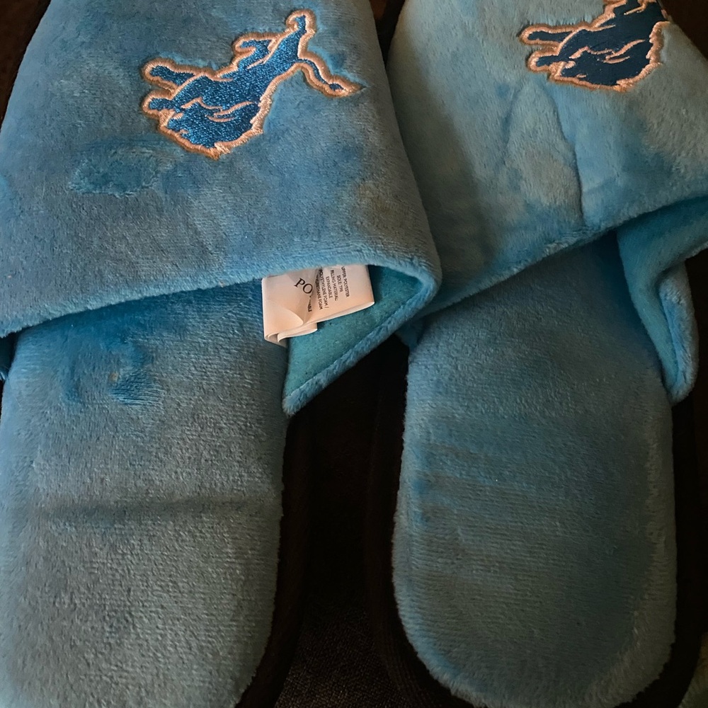 Blue Plush Slippers with Embroidered Logo